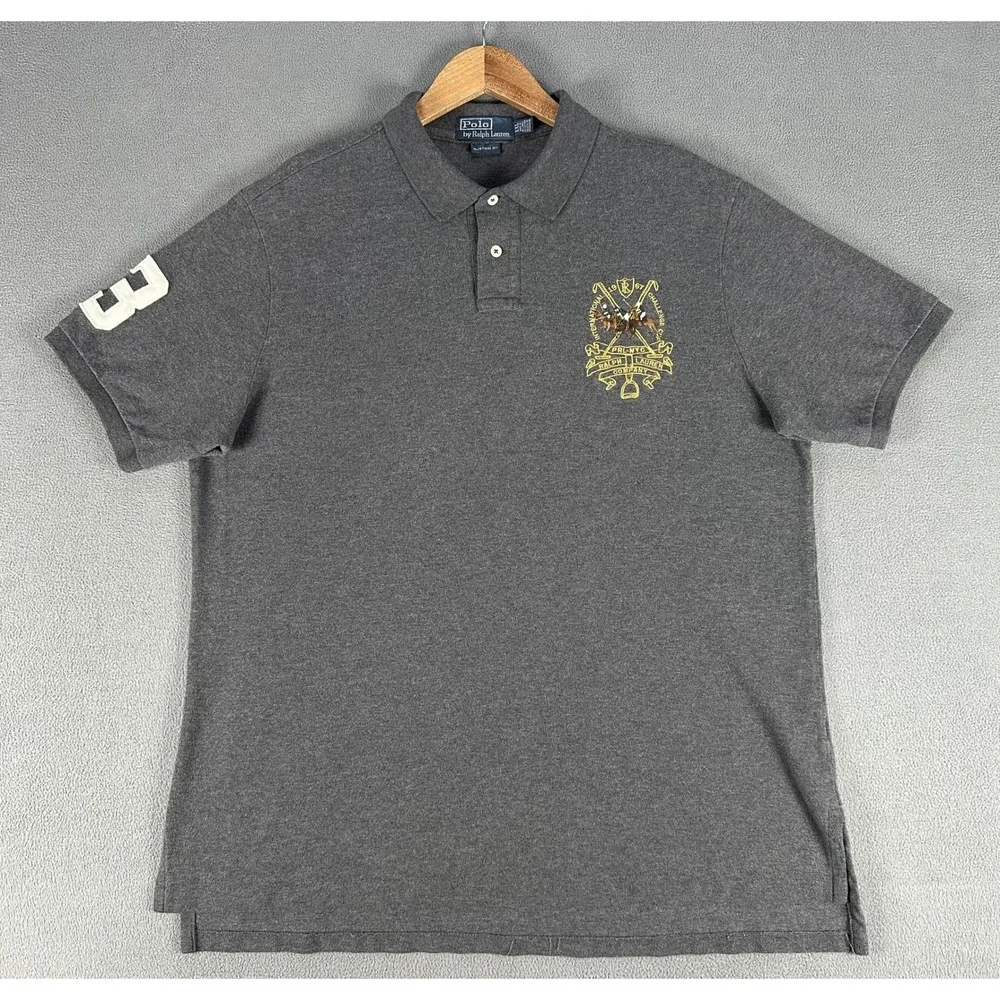 Ralph Lauren Polo Shirt 2XL Grey Big Pony Heraldic Equestrian Crest Custom Slim